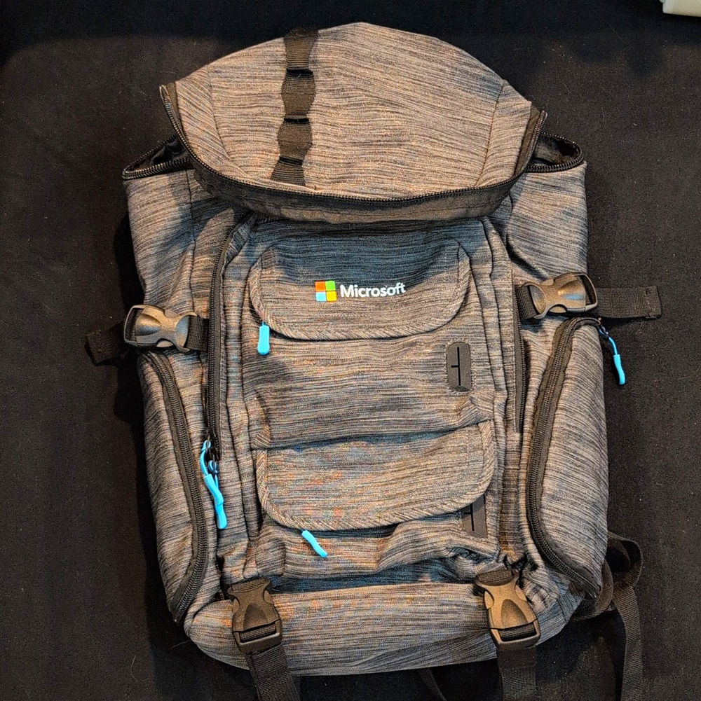 Microsoft Padded Solid Gray Laptop Backpack with Blue Zippers, Black Accents